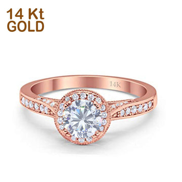 14K Rose Gold Halo Round Bridal Wedding Engagement Ring Simulated CZ Size-7